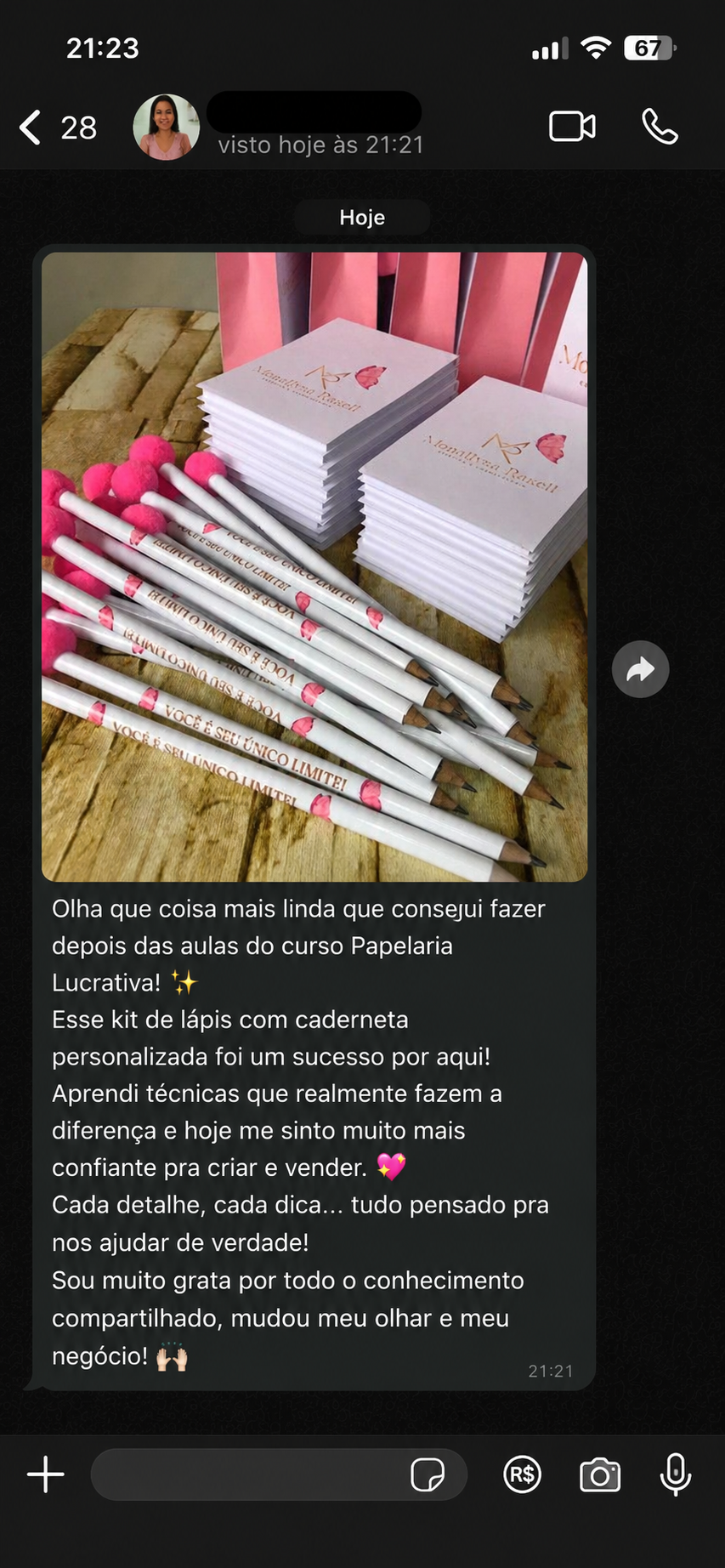 Depoimento WhatsApp kit lápis e caderneta