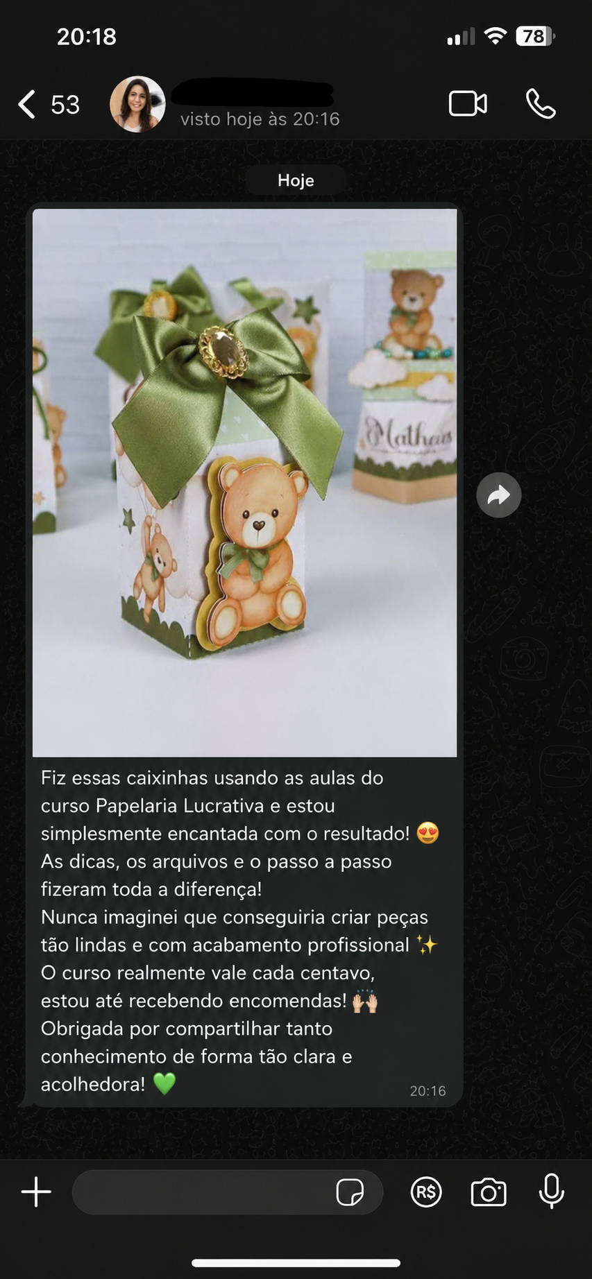 Depoimento WhatsApp caixinhas ursinho